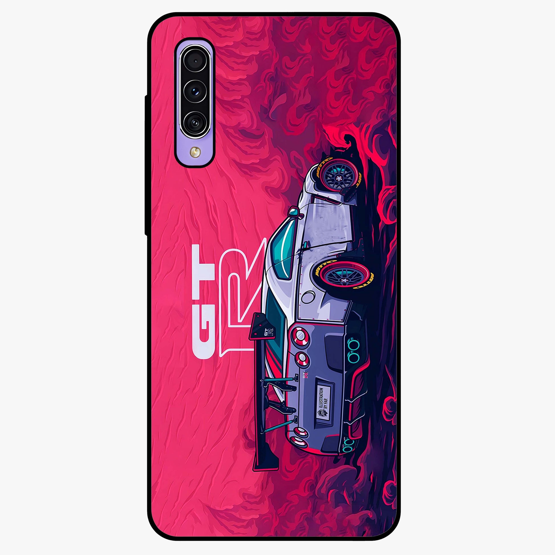 GT-R Car Pattern Glass Case showing flat back view with sporty car inspired pattern artwork and glossy glass finish.