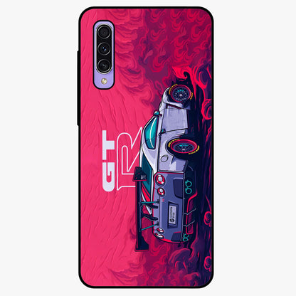 GT-R Car Pattern Glass Case showing flat back view with sporty car inspired pattern artwork and glossy glass finish.
