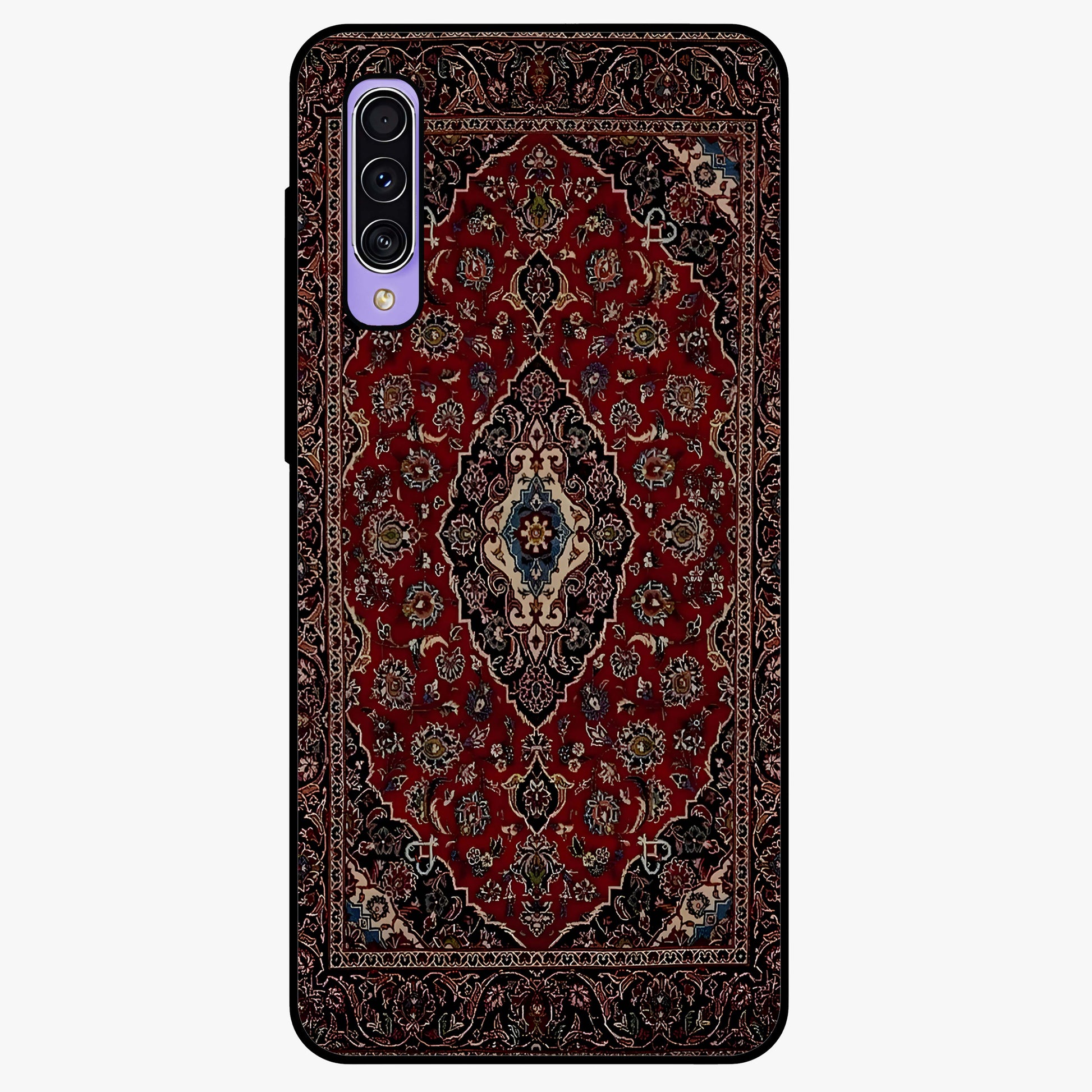 Heritage Carpet Royale Glass Case showing flat back view with ornate Persian carpet inspired pattern and glossy glass finish.