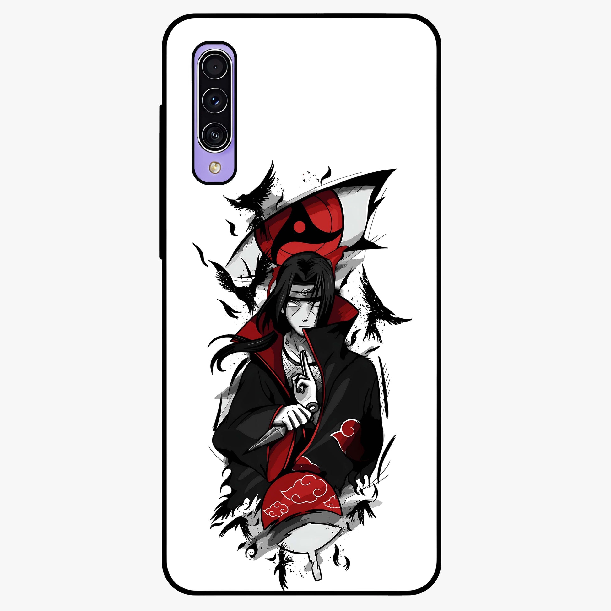 Itachi Sharingan Glass Case showing flat back view with powerful anime eye artwork and glossy glass finish.