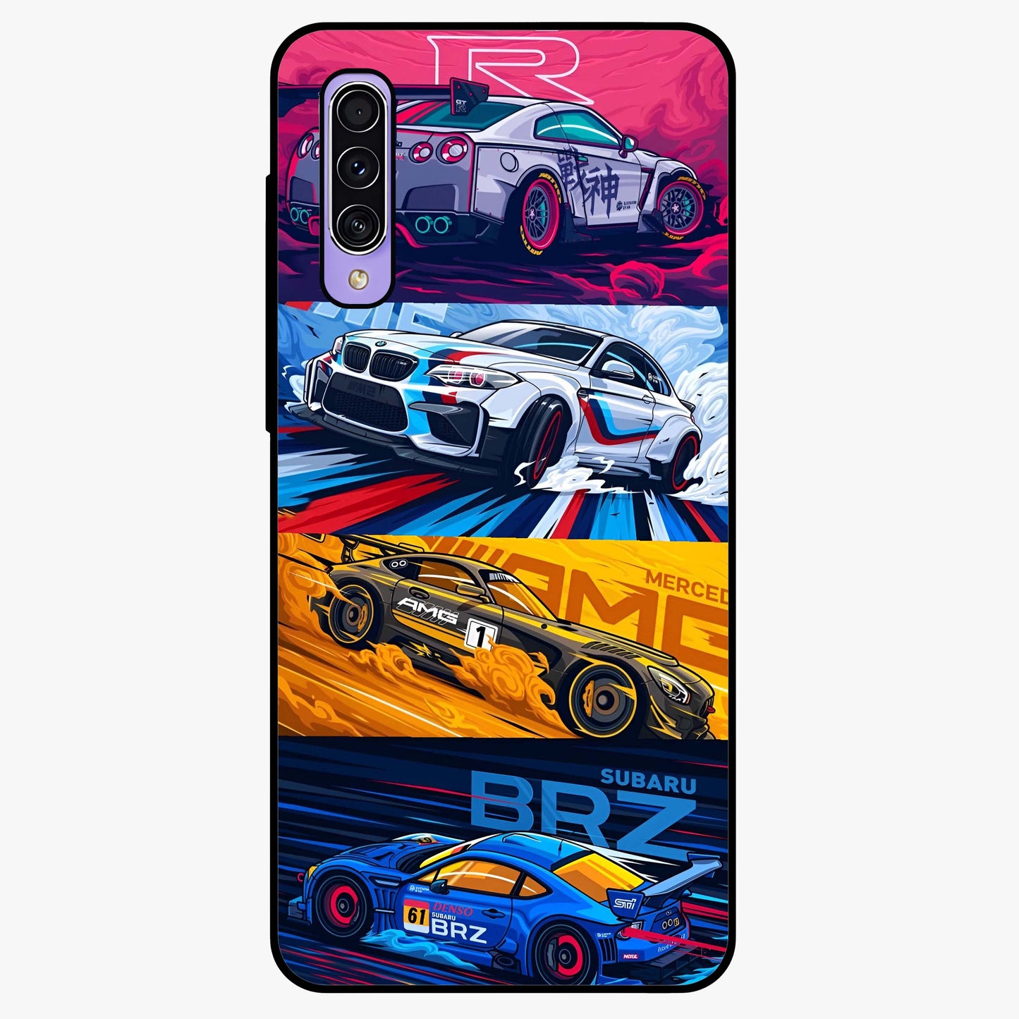 JDM Sports Car Glass Case showing flat back view with high performance sports car artwork and glossy glass finish.