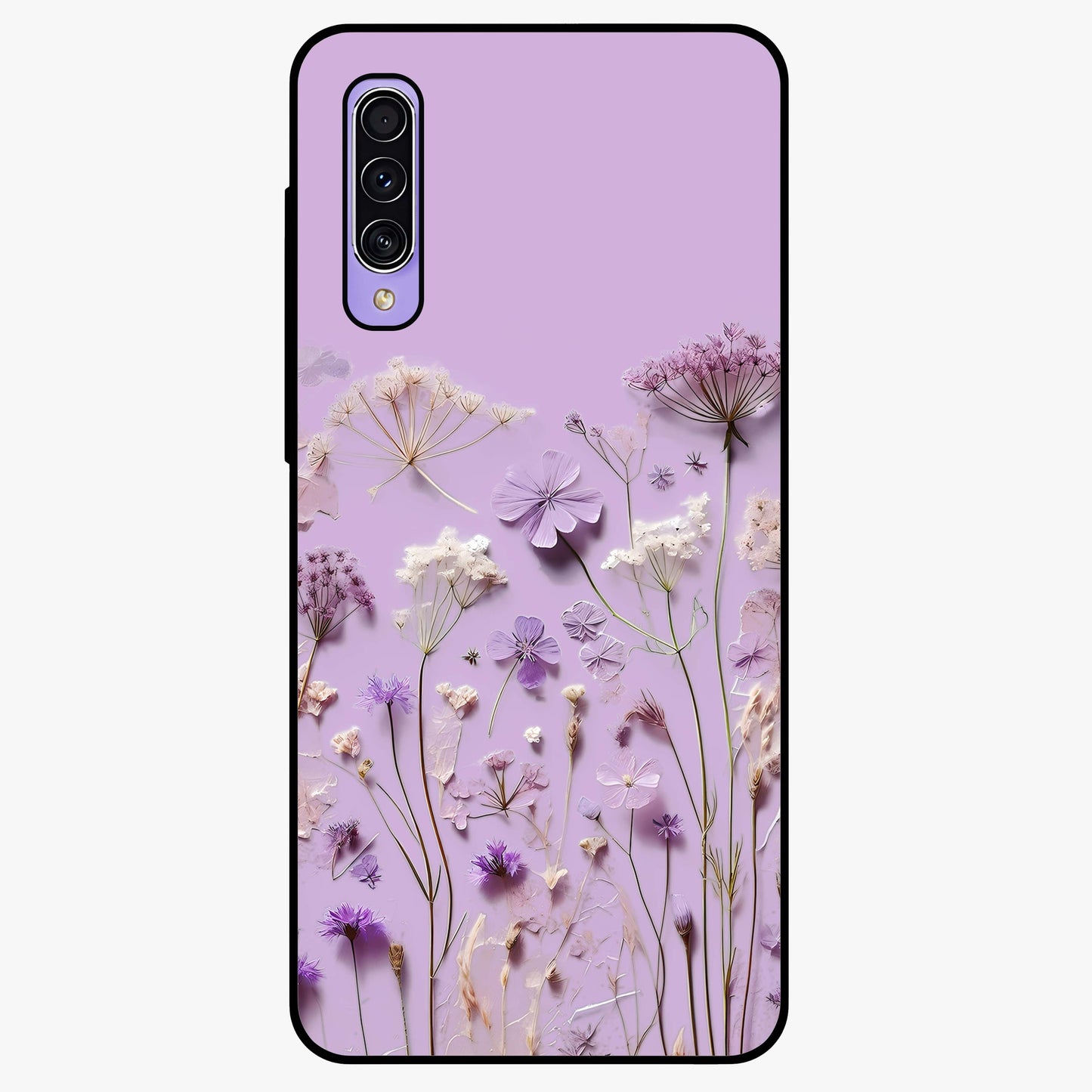 Lavender Blossom Dream Glass Case showing flat back view with soft lavender floral artwork and glossy glass finish.