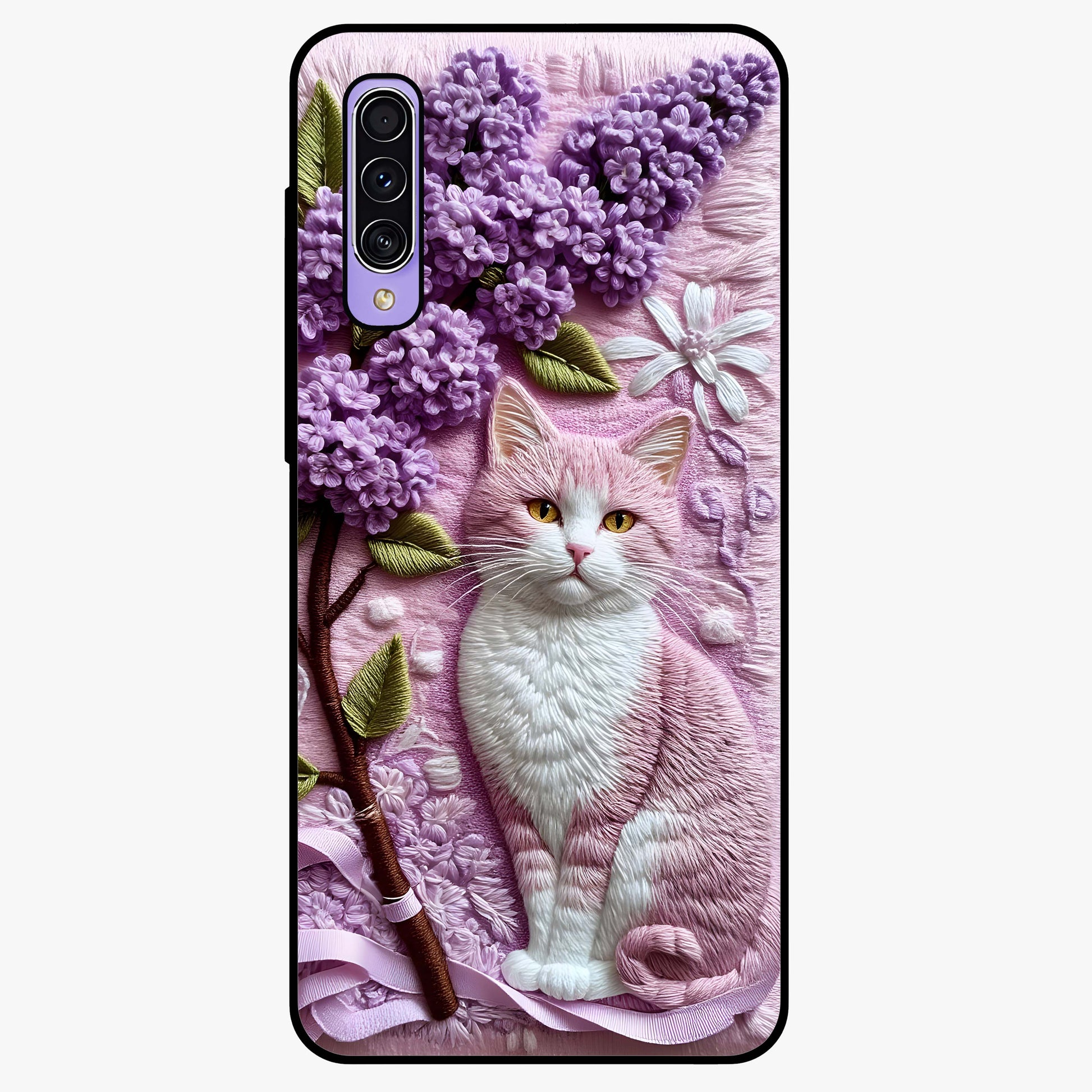 Lavender Cat Whimsy Glass Case showing flat back view with cute lavender cat artwork and glossy glass finish.