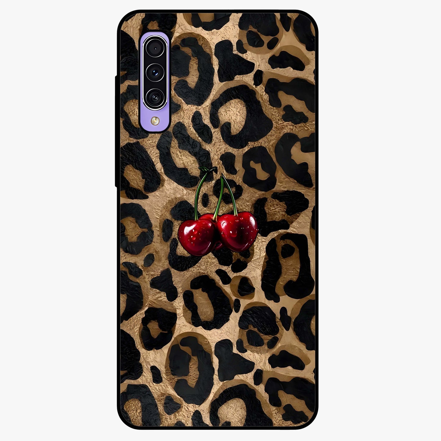 Leopard Wild Cherry Glass Case showing flat back view with leopard pattern and cherry artwork and glossy glass finish.