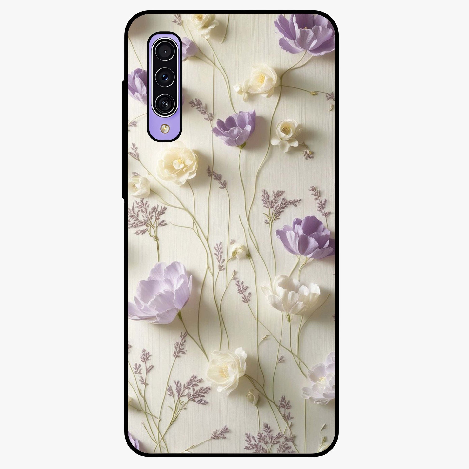 Lilac Breeze Harmony Glass Case showing flat back view with soft lilac themed artwork and glossy glass finish.