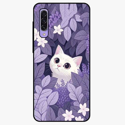 Lilac Hide Peek Cat Glass Case showing flat back view with cute peeking cat artwork and glossy glass finish.