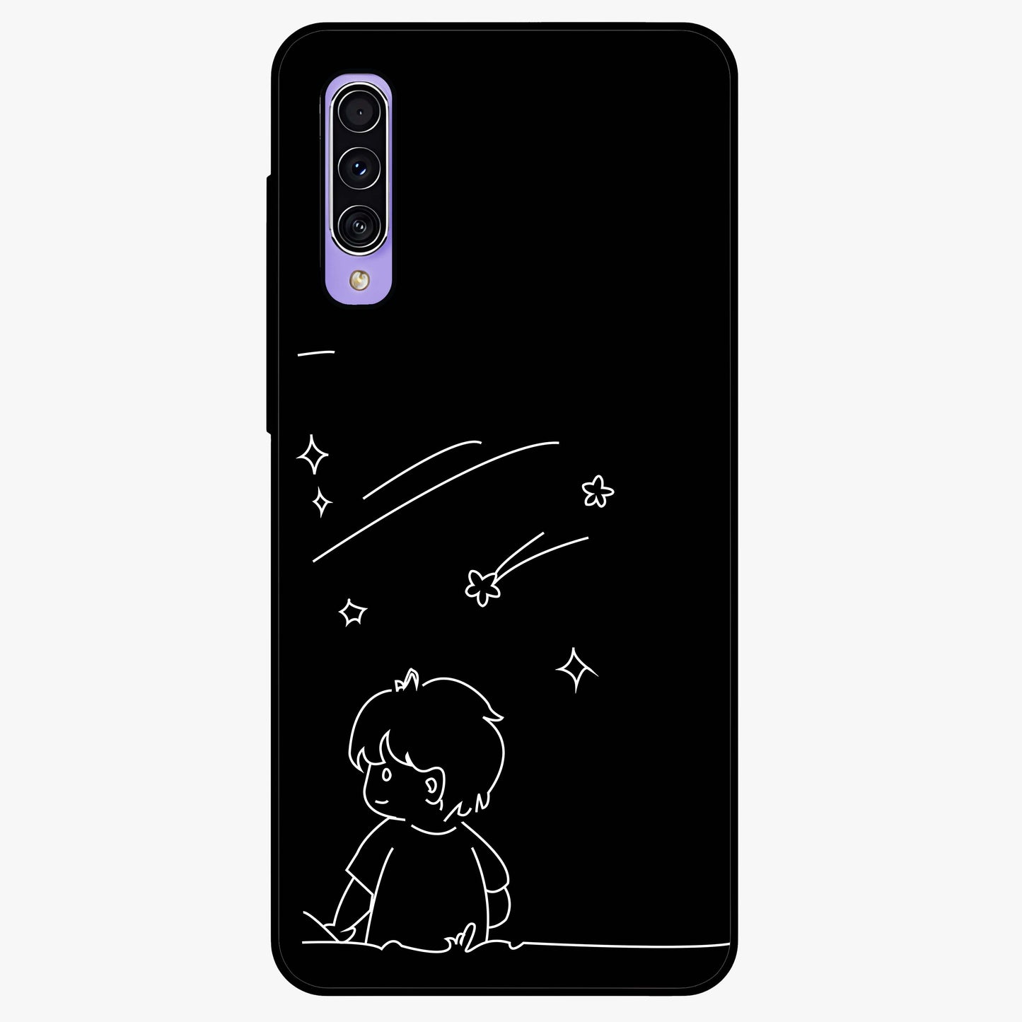 Line Art Boy With Shooting Stars Glass Case showing flat back view with minimal line art boy and shooting stars illustration and glossy glass finish.