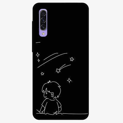 Line Art Boy With Shooting Stars Glass Case showing flat back view with minimal line art boy and shooting stars illustration and glossy glass finish.