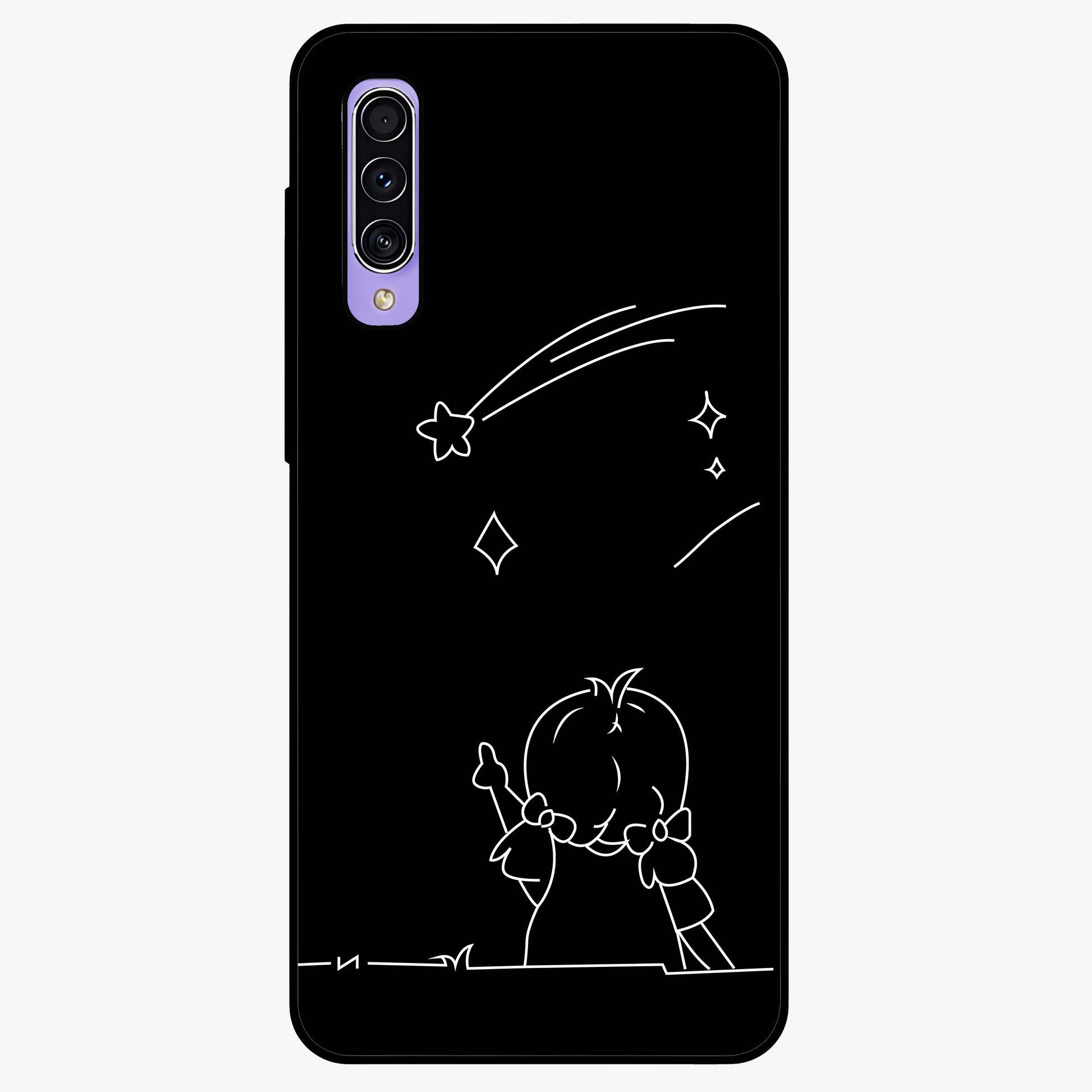 Line Art Girl With Shooting Stars Glass Case showing flat back view with minimal line art girl and shooting stars illustration and glossy glass finish.