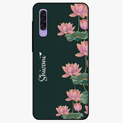 Lotus Bloom Serenity Custom Name Glass Case showing flat back view with elegant lotus flower artwork and personalized name design.
