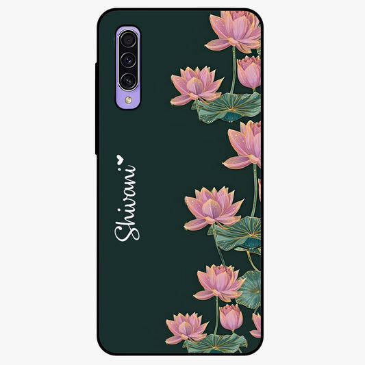 Lotus Bloom Serenity Custom Name Glass Case showing flat back view with elegant lotus flower artwork and personalized name design.