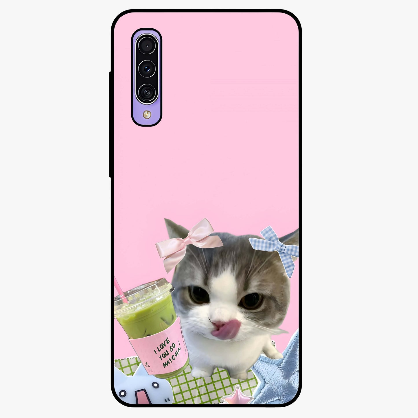 Love Matcha Cat Glass Case showing flat back view with cute cat and matcha themed artwork and glossy glass finish.