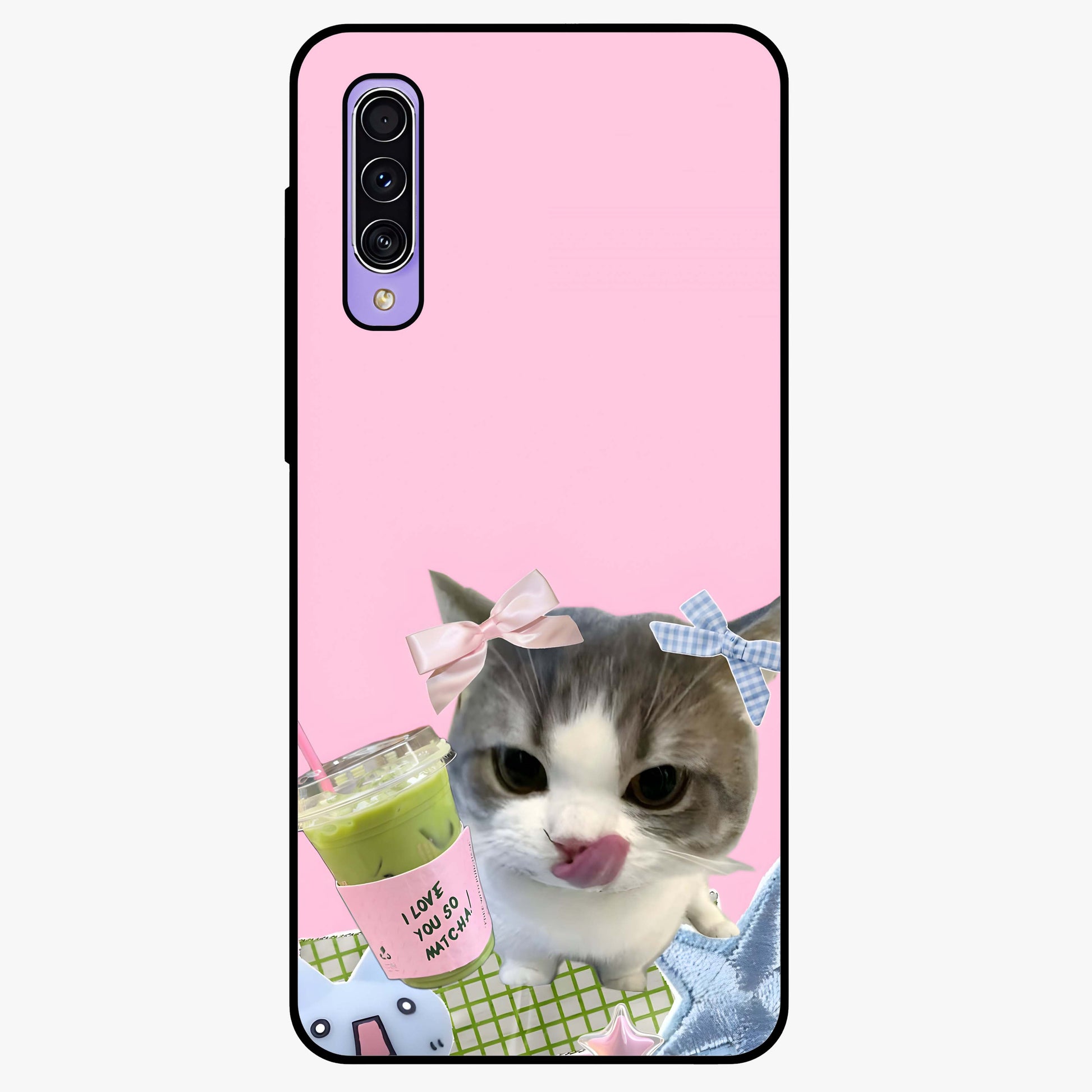 Love Matcha Cat Glass Case showing flat back view with cute cat and matcha themed artwork and glossy glass finish.