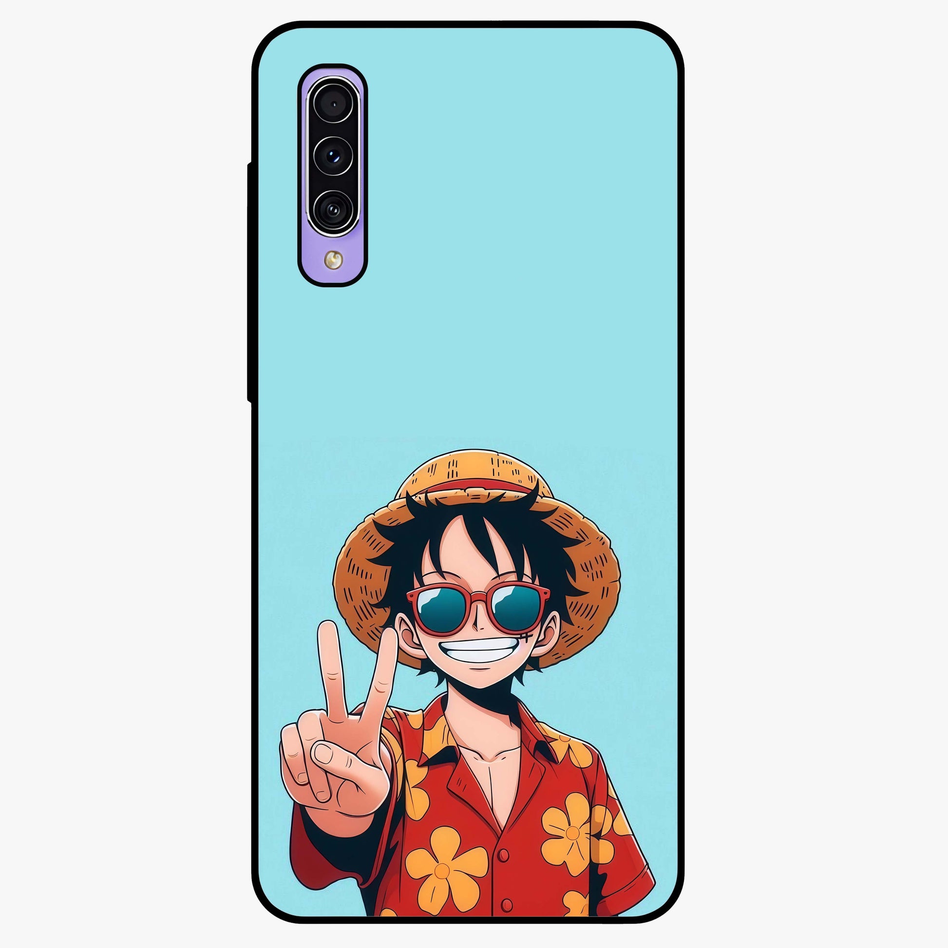 Luffy Summer Anime Vibe Glass Case showing flat back view with vibrant anime character artwork and glossy glass finish.