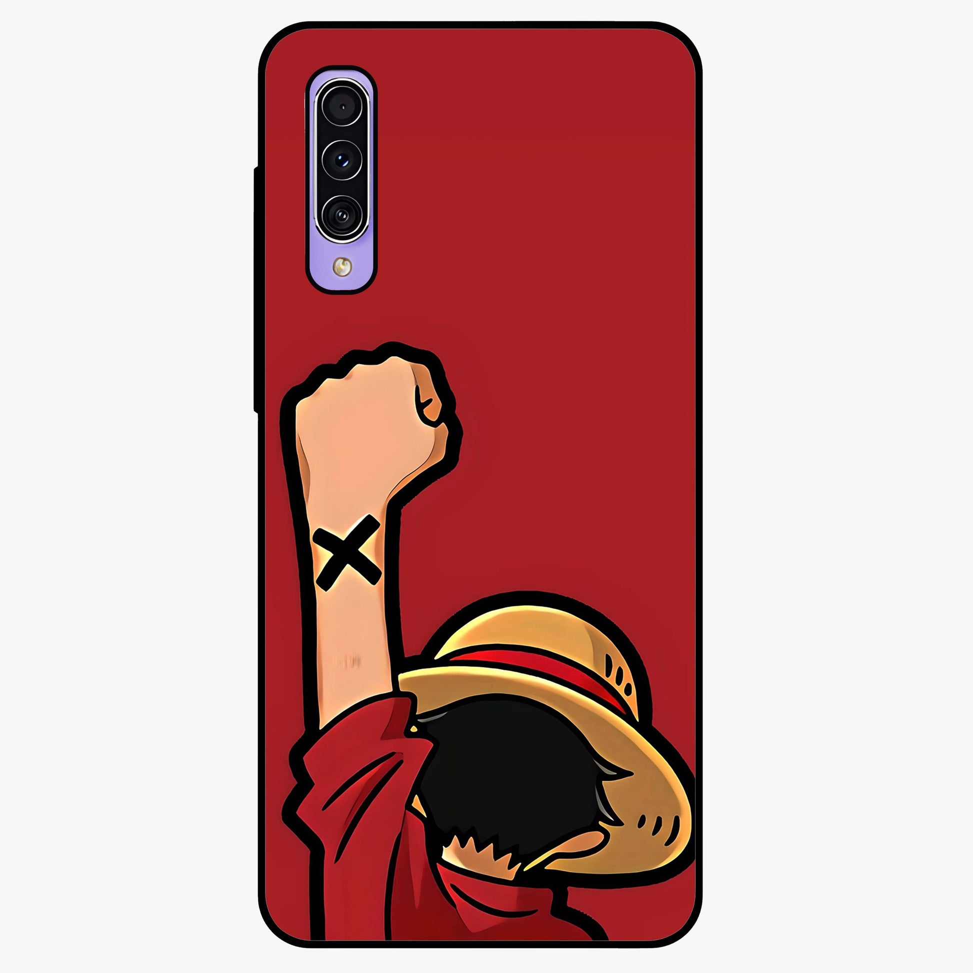Luffy X Spirit Glass Case showing flat back view with bold anime character artwork and glossy glass finish.