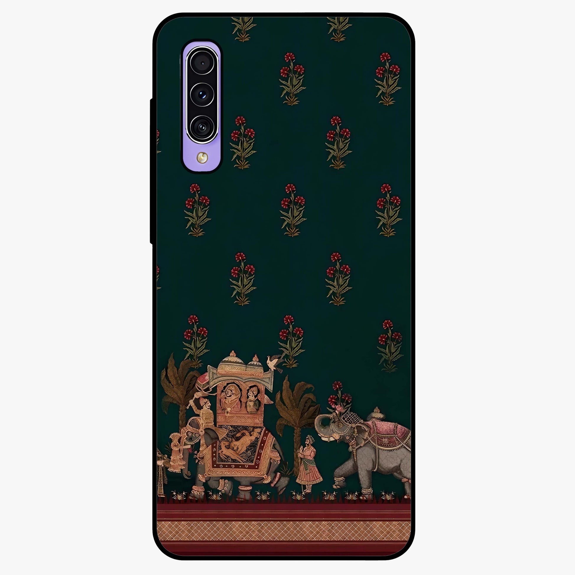 Macmerise Glass Case showing flat back view with stylish modern artwork and glossy glass finish.