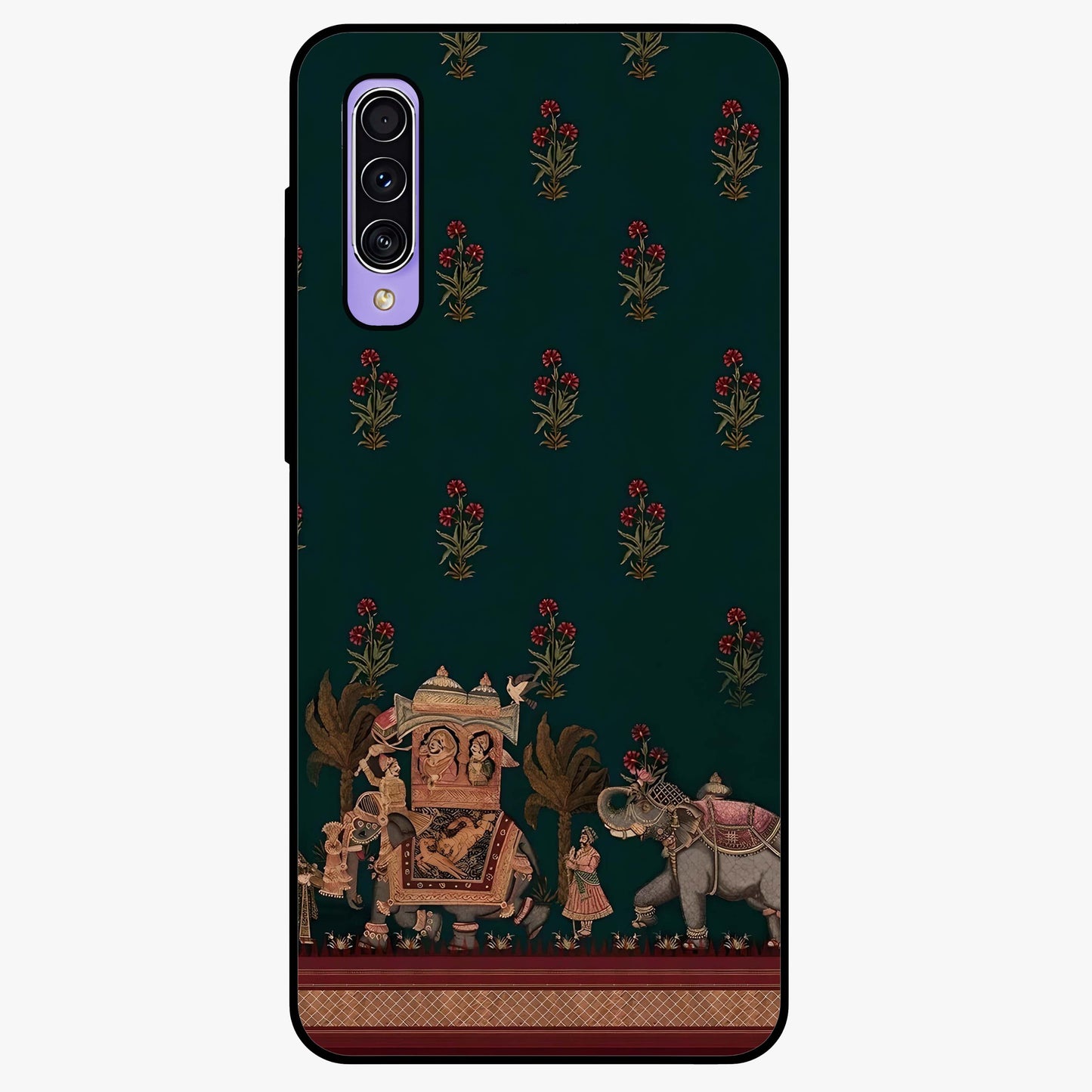 Macmerise Glass Case showing flat back view with stylish modern artwork and glossy glass finish.