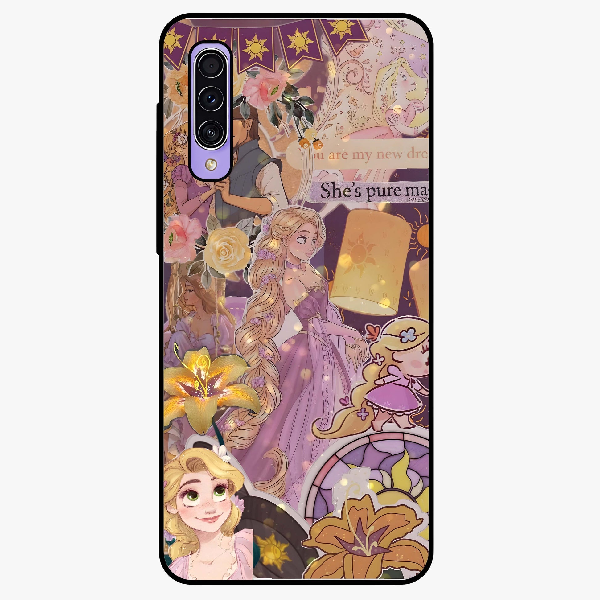 Magical Tangled Dream Glass Case showing flat back view with dreamy tangled artwork and glossy glass finish.