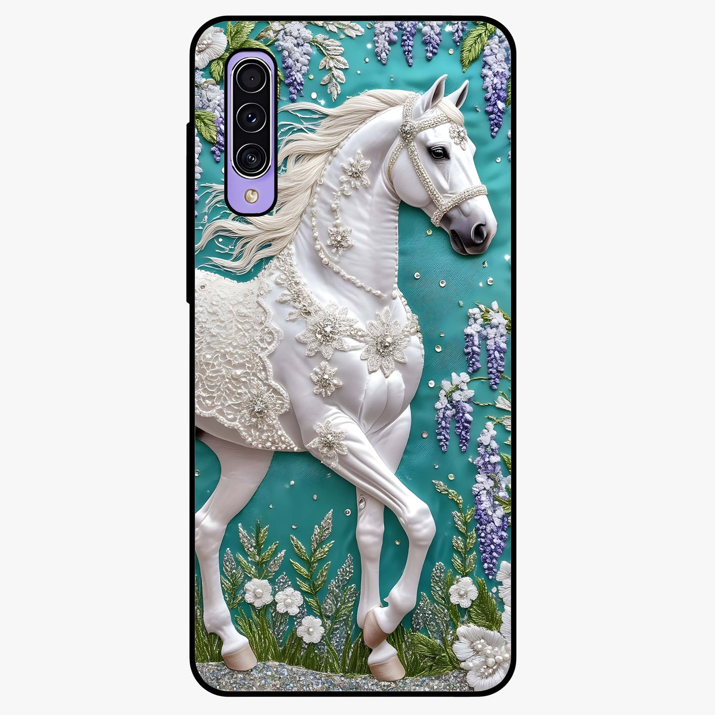 Majestic Floral Stallion Glass Case showing flat back view with powerful horse and floral artwork and glossy glass finish.