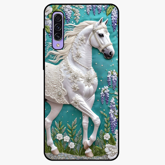 Majestic Floral Stallion Glass Case showing flat back view with powerful horse and floral artwork and glossy glass finish.