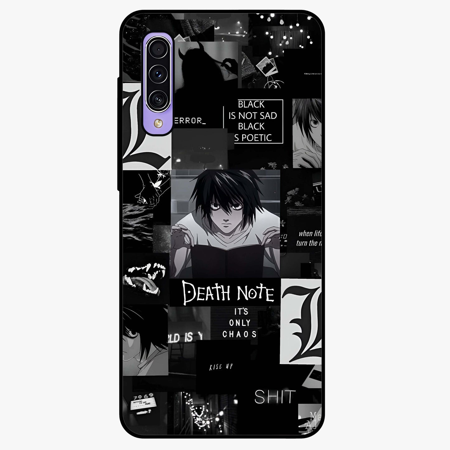 Midnight Chaos Mind Glass Case showing flat back view with abstract dark themed artwork and glossy glass finish.