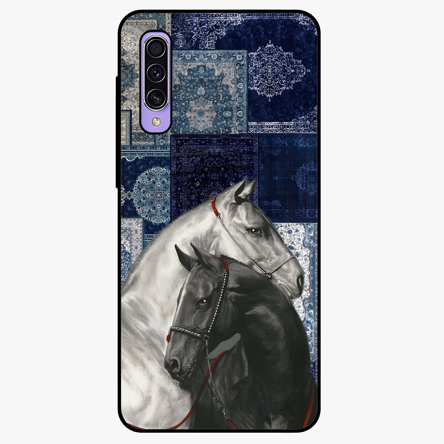Midnight Stallion Blues Glass Case showing flat back view with majestic horse artwork and glossy glass finish.