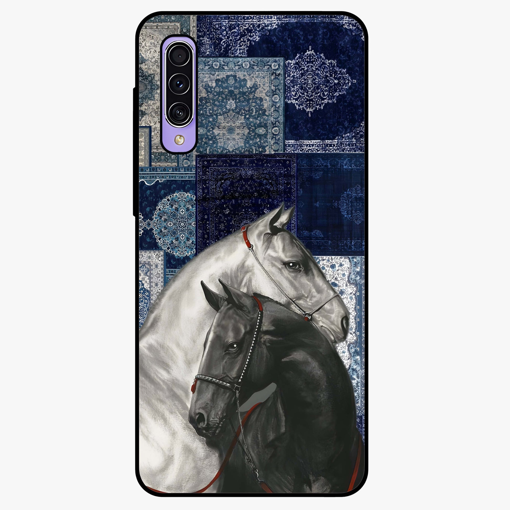 Midnight Stallion Blues Glass Case showing flat back view with majestic horse artwork and glossy glass finish.