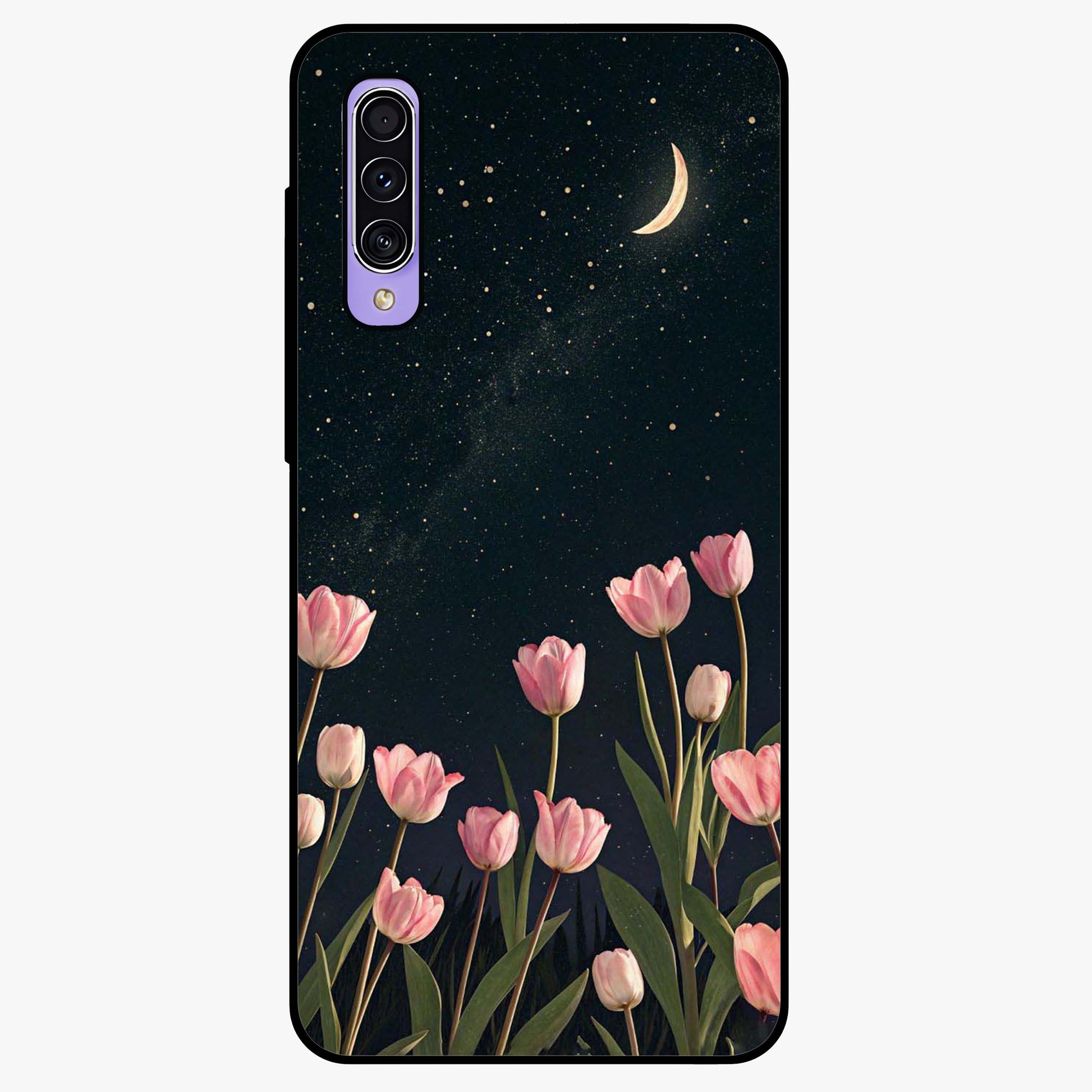 Midnight Tulip Whispers Vibe Glass Case showing flat back view with elegant tulip flower artwork and glossy glass finish.