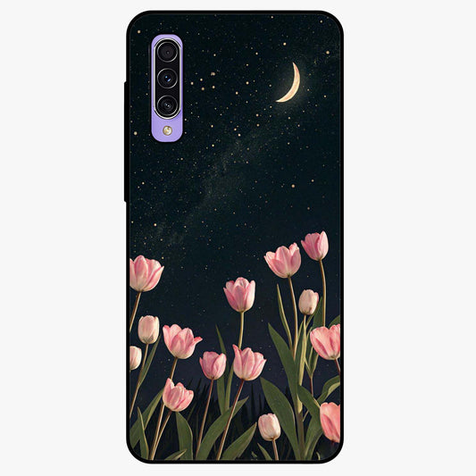 Midnight Tulip Whispers Vibe Glass Case showing flat back view with elegant tulip flower artwork and glossy glass finish.