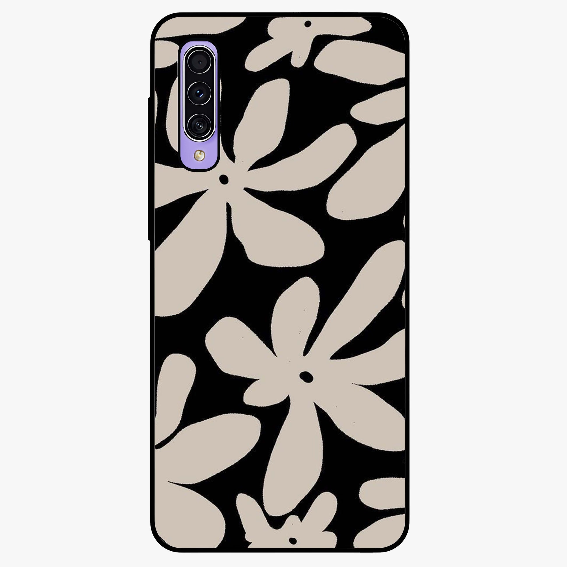 Monochrome Petal Dance Glass Case showing flat back view with monochrome floral artwork and glossy glass finish.