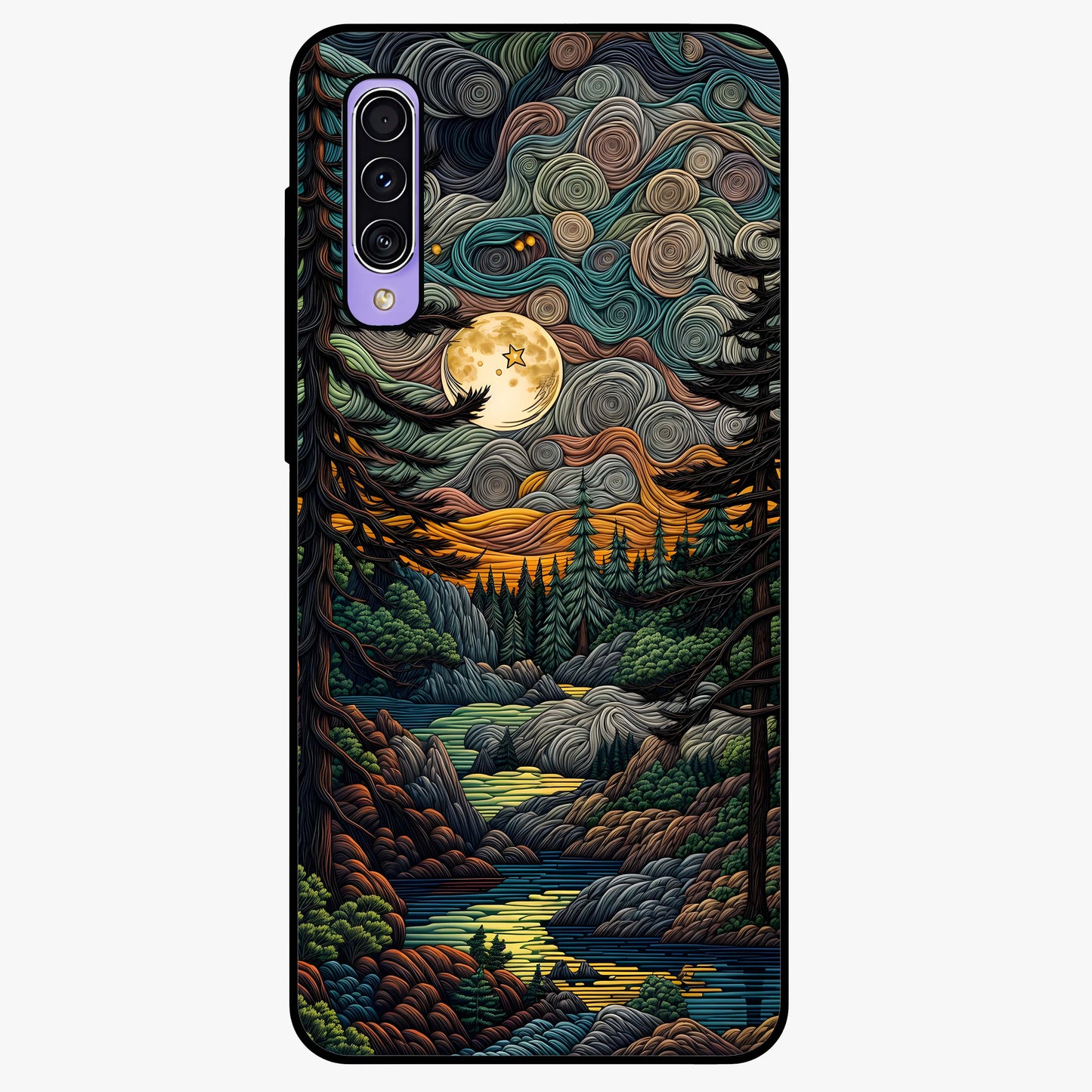 Moonlight Forest Dream Glass Case showing flat back view with mystical forest moonlight artwork and glossy glass finish.