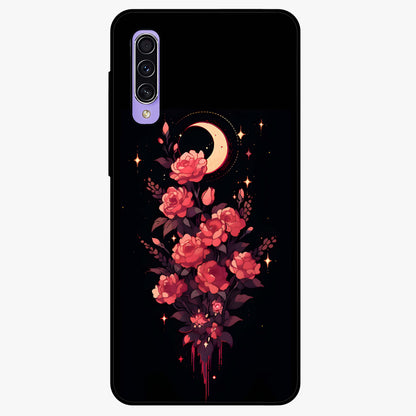 Moonlit Floral Elegance Glass Case showing flat back view with elegant floral artwork under moonlit tones and glossy glass finish.