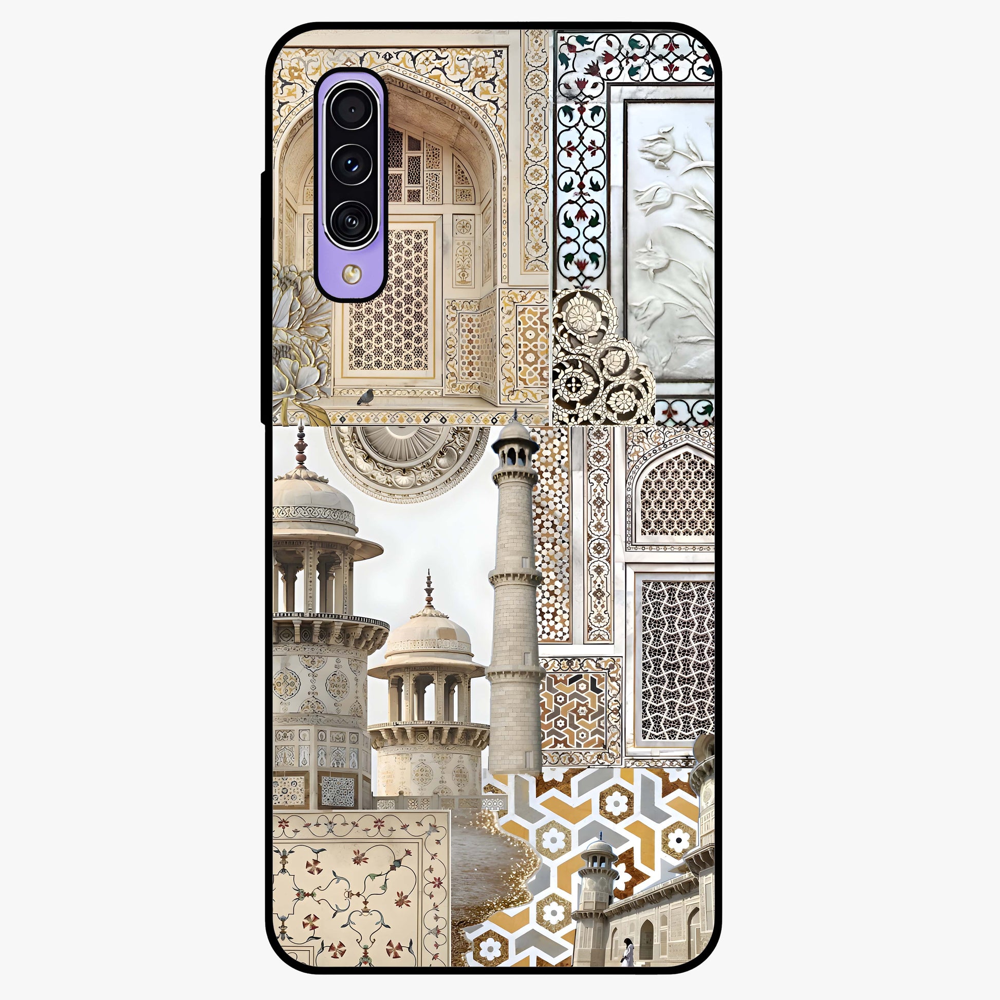 Mughal Marble Legacy Glass Case showing flat back view with intricate Mughal inspired marble pattern and glossy glass finish.