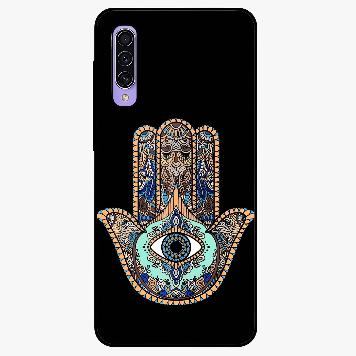 Mystic Hamsa Eye Glass Case showing flat back view with protective hamsa hand and evil eye artwork and glossy glass finish.
