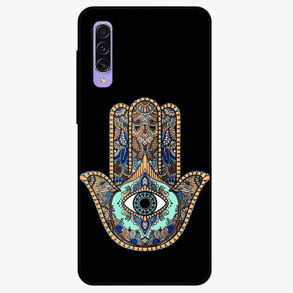Mystic Hamsa Eye Glass Case showing flat back view with protective hamsa hand and evil eye artwork and glossy glass finish.