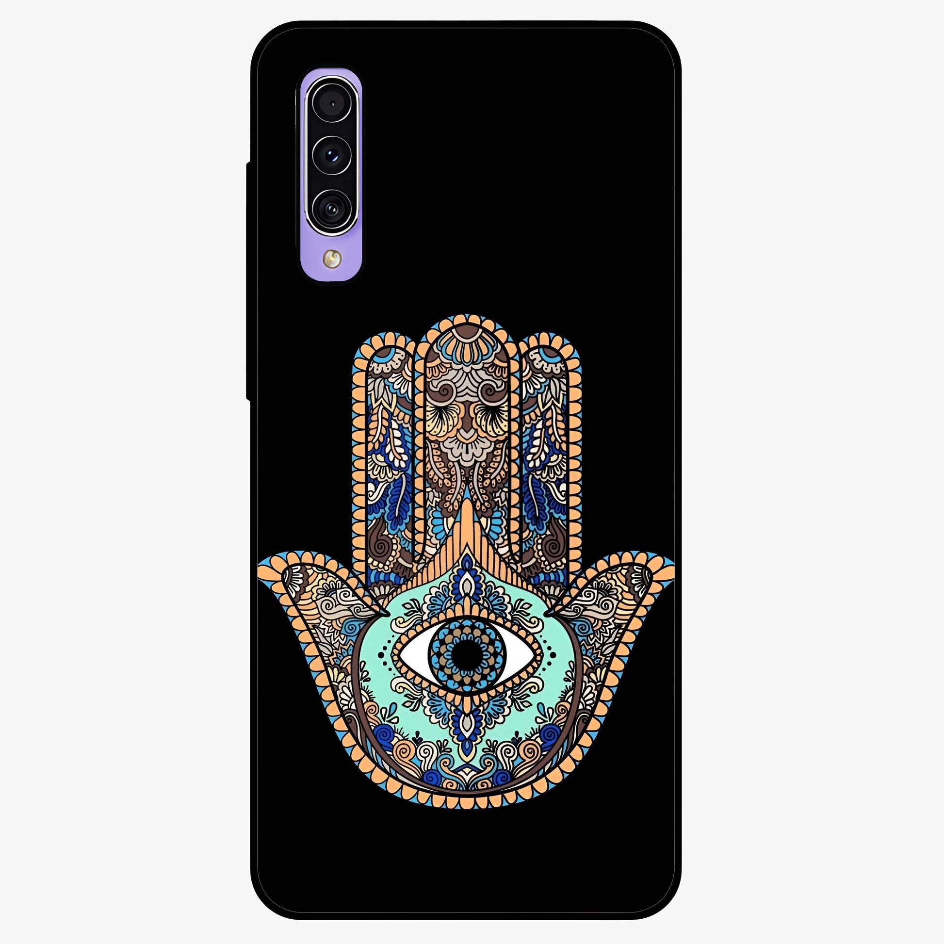 Mystic Hamsa Eye Glass Case showing flat back view with protective hamsa hand and evil eye artwork and glossy glass finish.