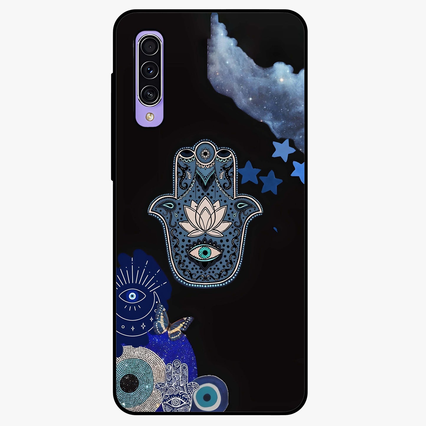 Mystic Hand Aura Glass Case showing flat back view with mystical hand symbol artwork and glossy glass finish.