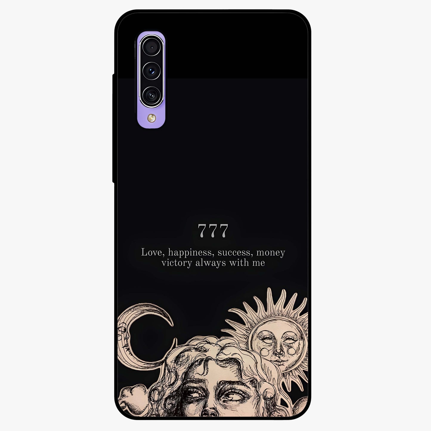 Mystic Victory Aura Glass Case showing flat back view with victory symbol artwork and glossy glass finish.