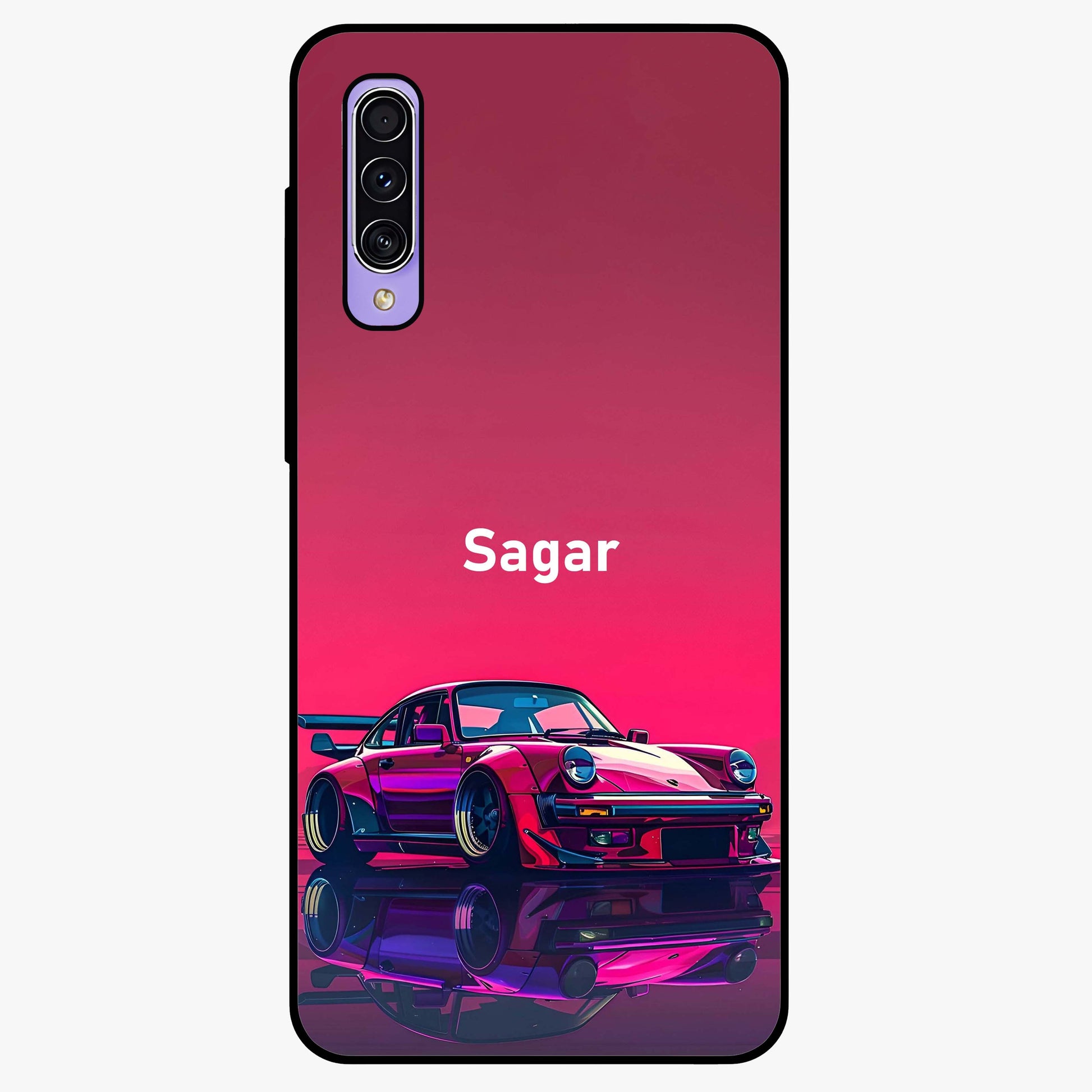 Neon Pink Porsche Glass Case showing flat back view with stylish sports car artwork and glossy glass finish.
