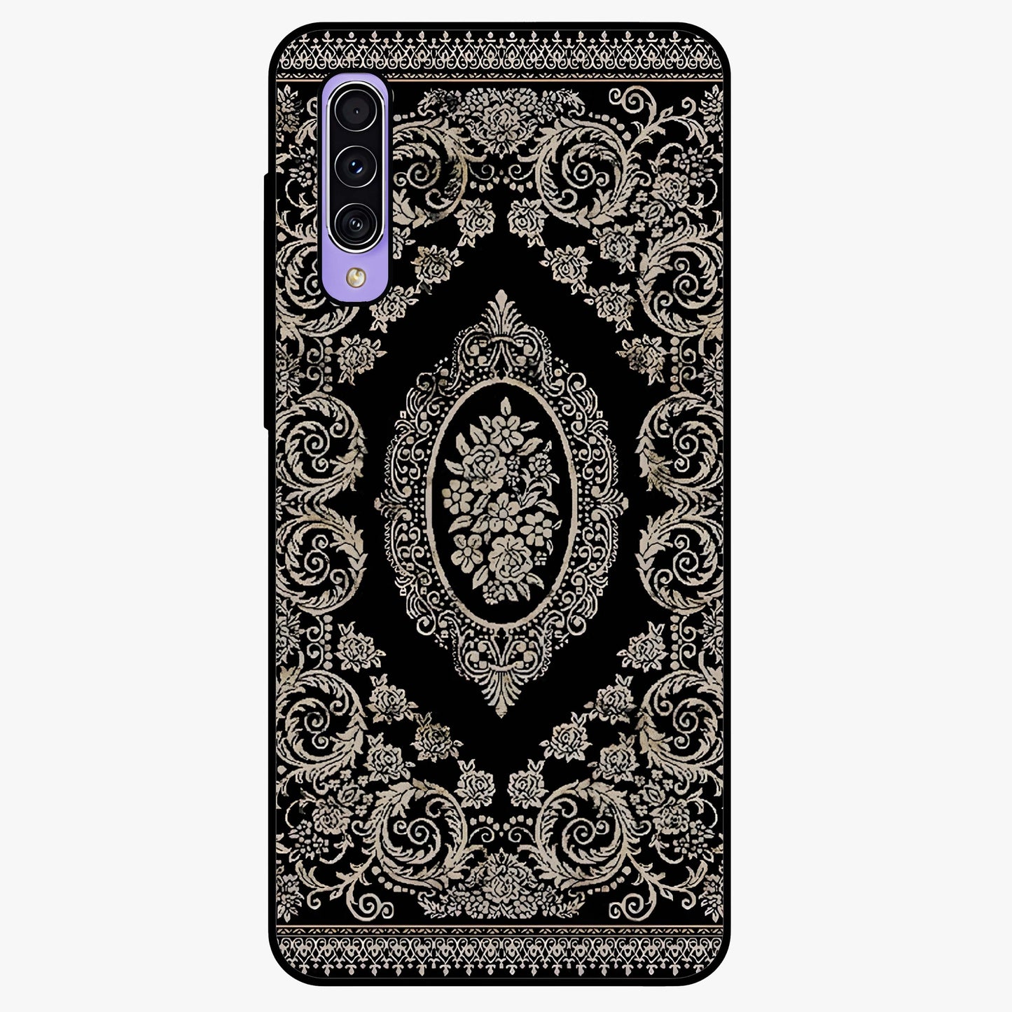 Noir Bloom Elegance Glass Case showing flat back view with elegant dark floral artwork and glossy glass finish.