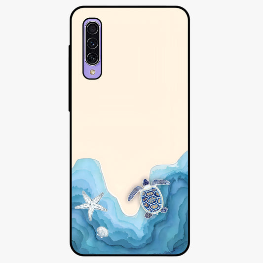 Ocean Drift Turtle Glass Case showing flat back view with sea turtle artwork and glossy glass finish.