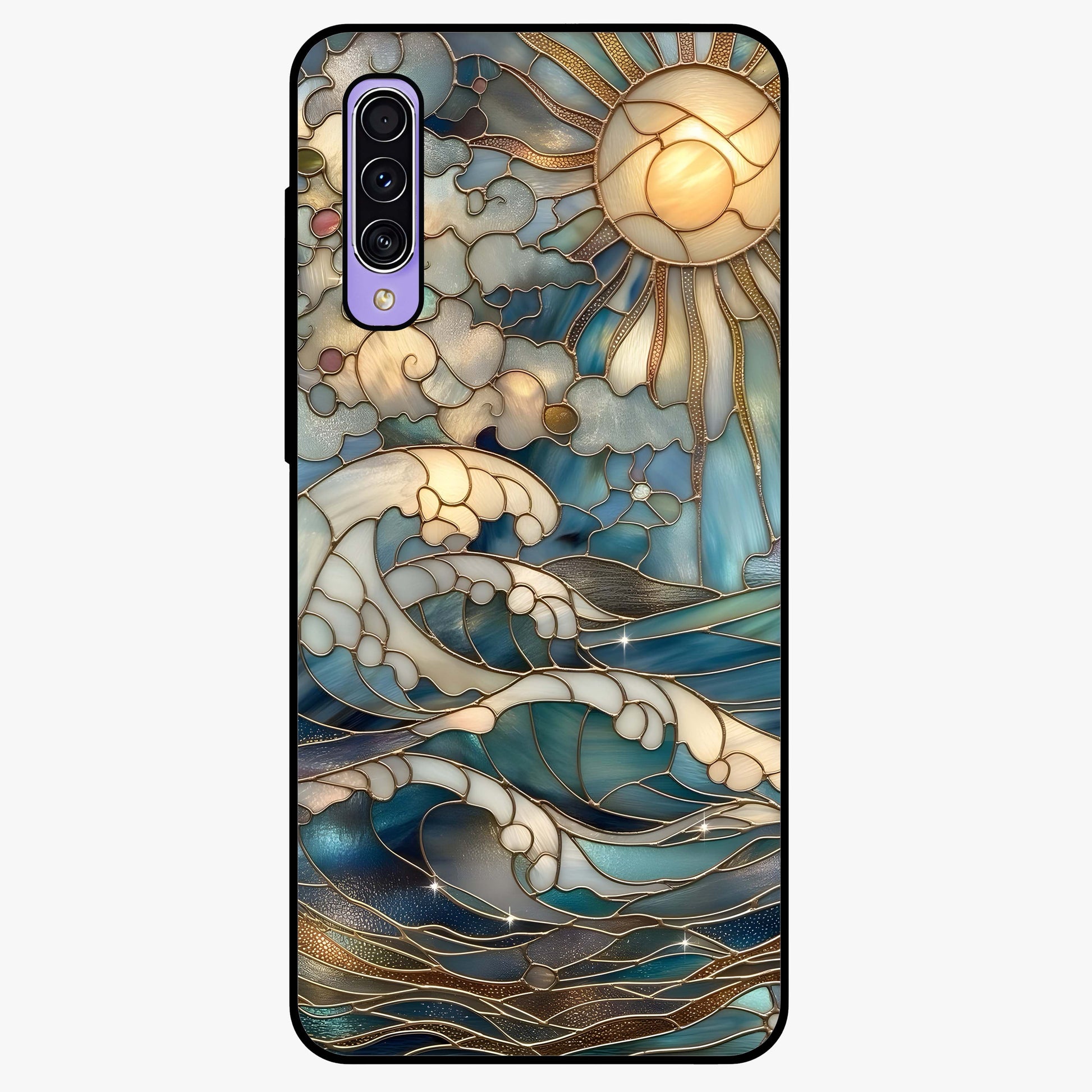 Oceanic Stained Printed Glass Case showing flat back view with ocean inspired stained pattern artwork and glossy glass finish.