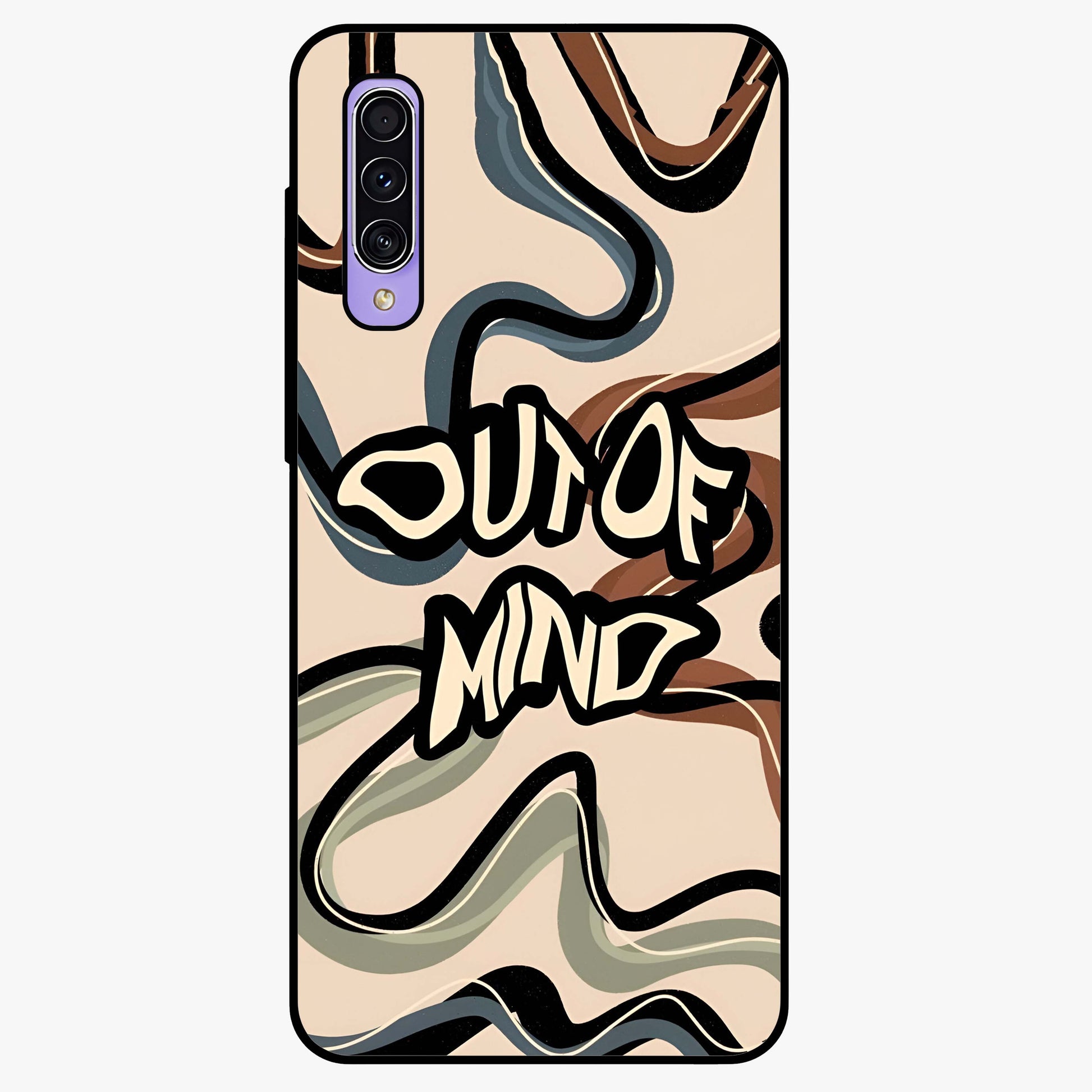 Out Of Mind Glass Case showing flat back view with expressive typography artwork and glossy glass finish.