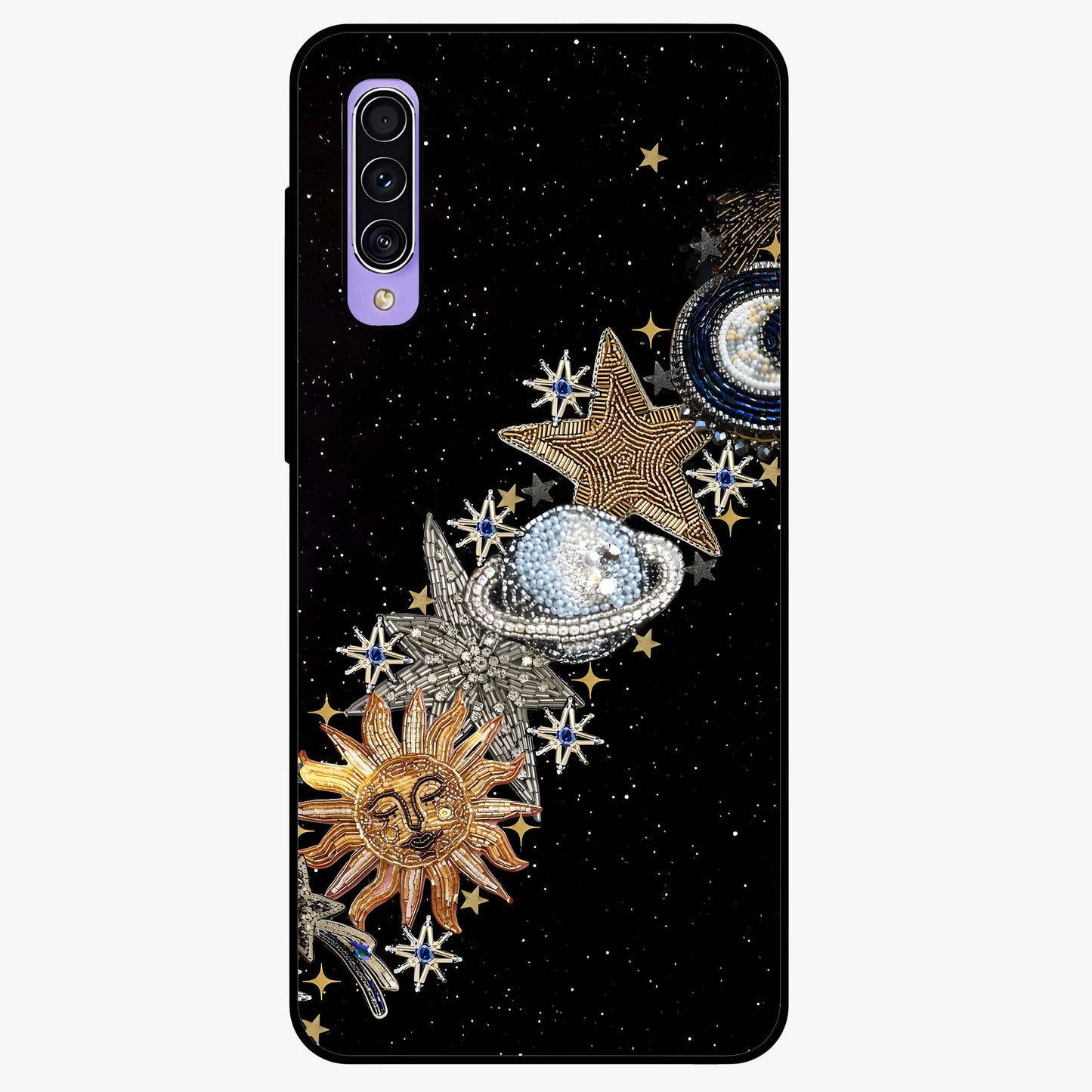 Pearls Universe Object Glass Case showing flat back view with pearl inspired cosmic artwork and glossy glass finish.