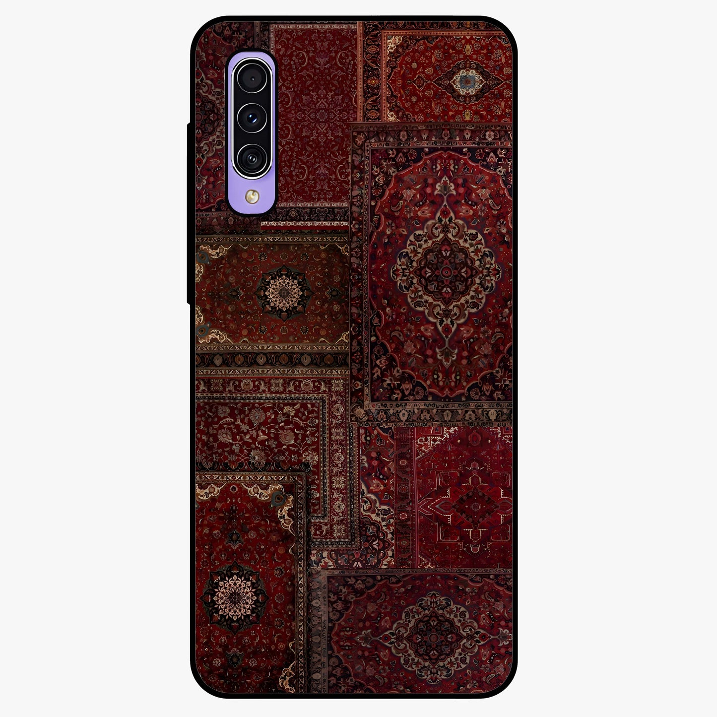 Persian Velvet Tale Glass Case showing flat back view with luxurious Persian velvet pattern artwork and glossy glass finish.