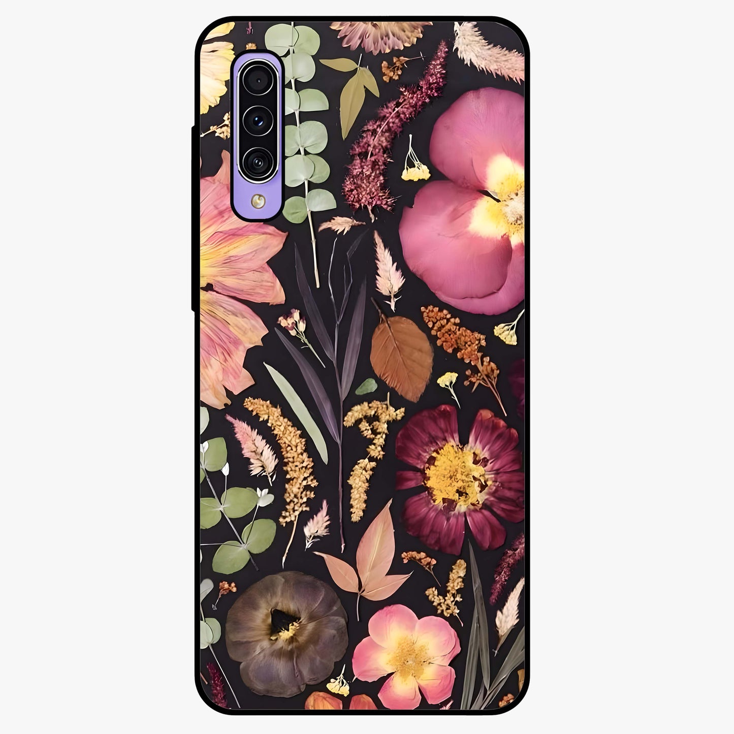 Petal Dream Tapestry Glass Case showing flat back view with intricate floral tapestry artwork and glossy glass finish.