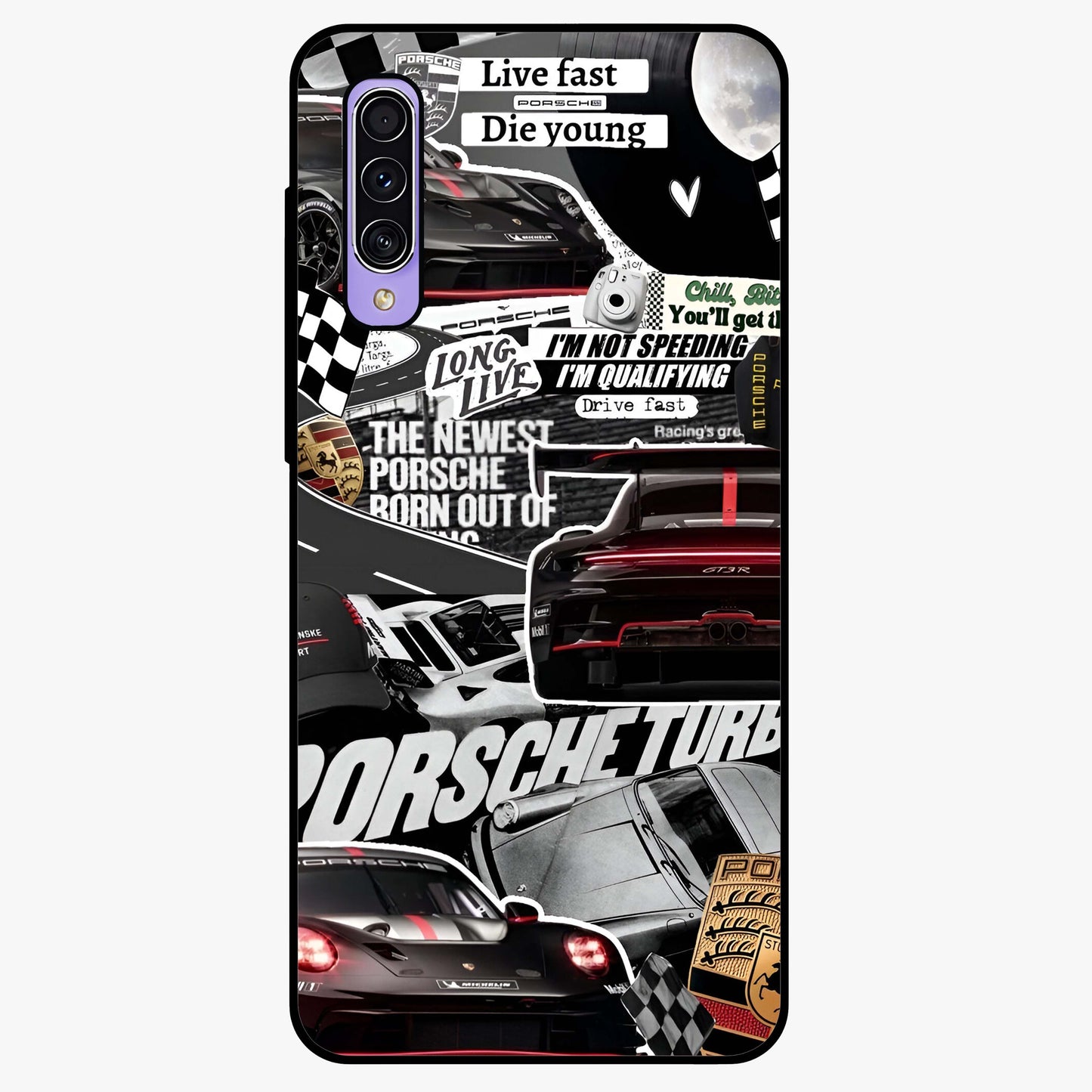Porsche Racing Collage Glass Case showing flat back view with sports car racing collage artwork and glossy glass finish.