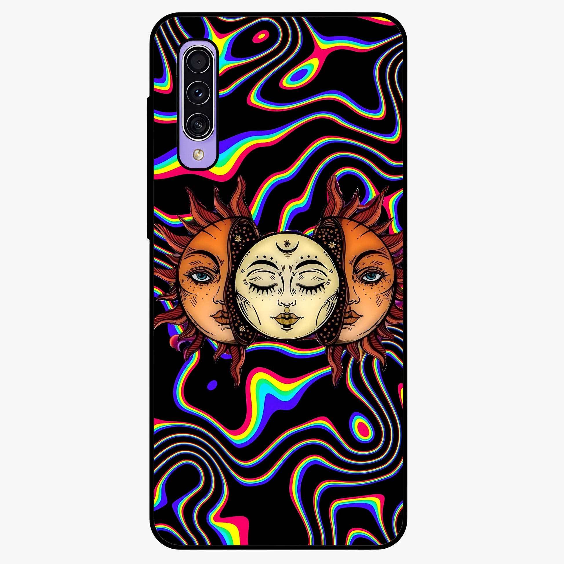 Psychedelic Sun Glass Case showing flat back view with colorful psychedelic sun artwork and glossy glass finish.