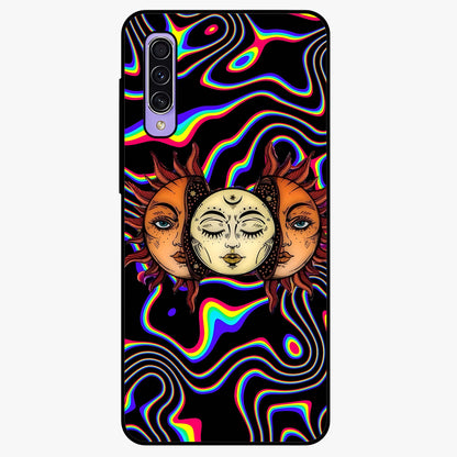 Psychedelic Sun Glass Case showing flat back view with colorful psychedelic sun artwork and glossy glass finish.