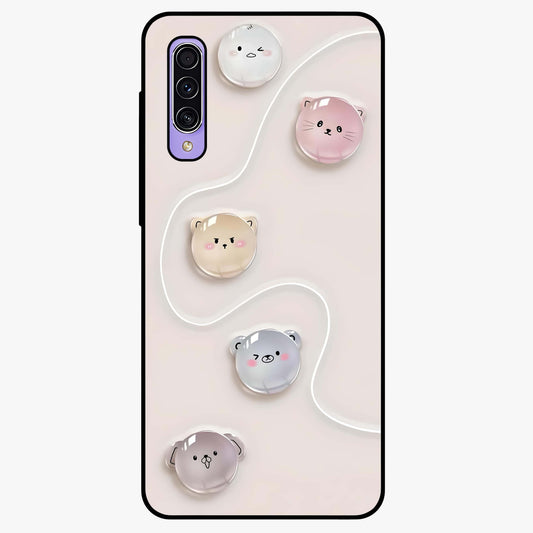 Puffy Face Parade Glass Case showing flat back view with cute puffy character faces artwork and glossy glass finish.